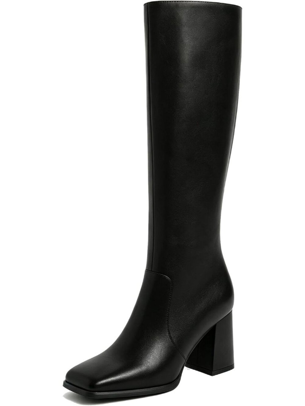 Women's Black Square Toe Chunky Heel Side Zipper Knee High Tall Gogo Boot Shoes